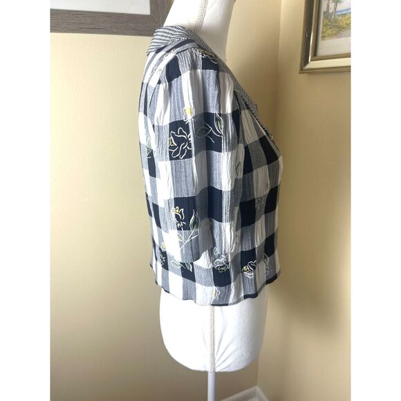 VTG Peri Petites Womens Gingham Check Floral Overlay Top Sz 12 Blouse Retro 80s - Picture 8 of 15